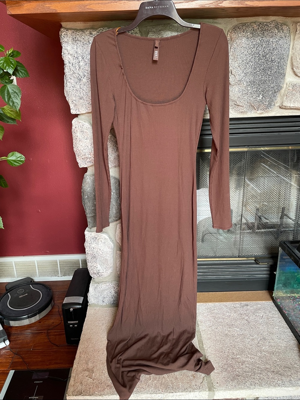 SKIMS Ribbed Brown Long Sleeve Scoop Neck Maxi Dress